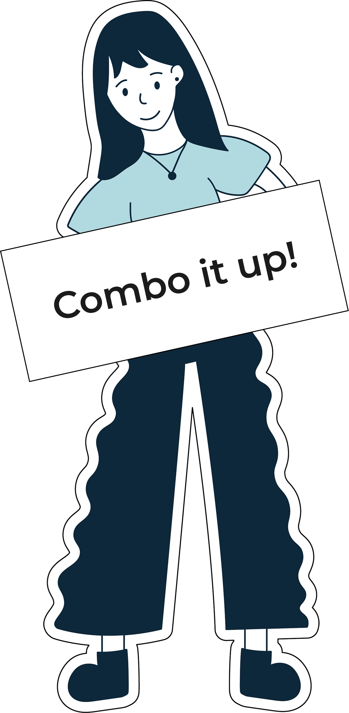 La Juanita holding a 'Combo it up!' sign
